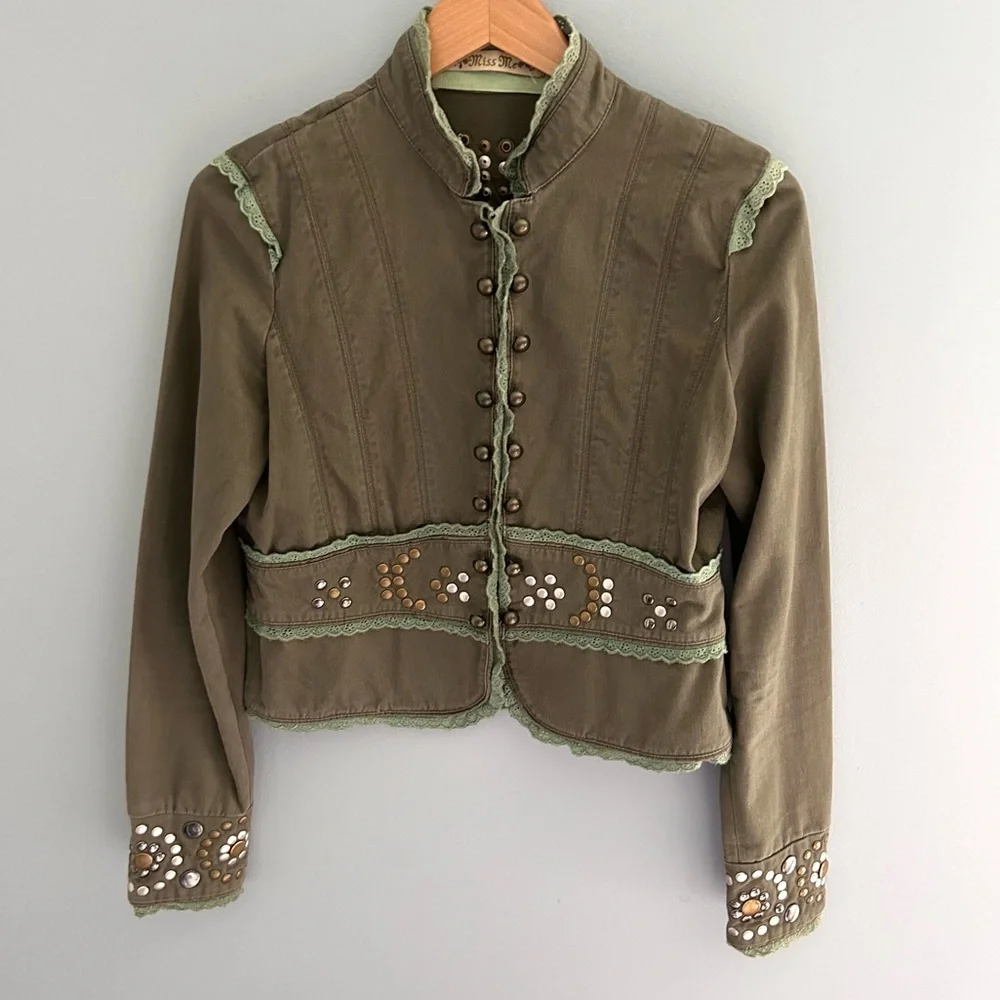 Miss Me Y2K Green Military-Style Studded Army Green Jacket Size Medium - Picture 2 of 7